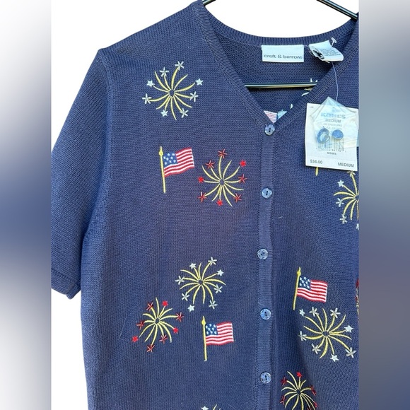 Croft & Barrow Navy blue Patriotic USA 4th July short sleeve button up Sweater M - Picture 3 of 7